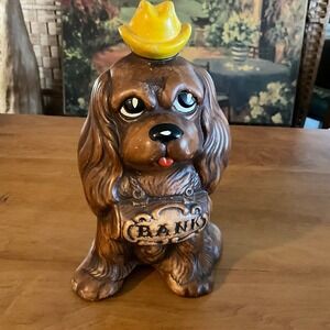 Vintage 1961 Treasure‎ Craft Ceramic Dog Bank Cocker Spaniel Puppy Yellow Cowboy